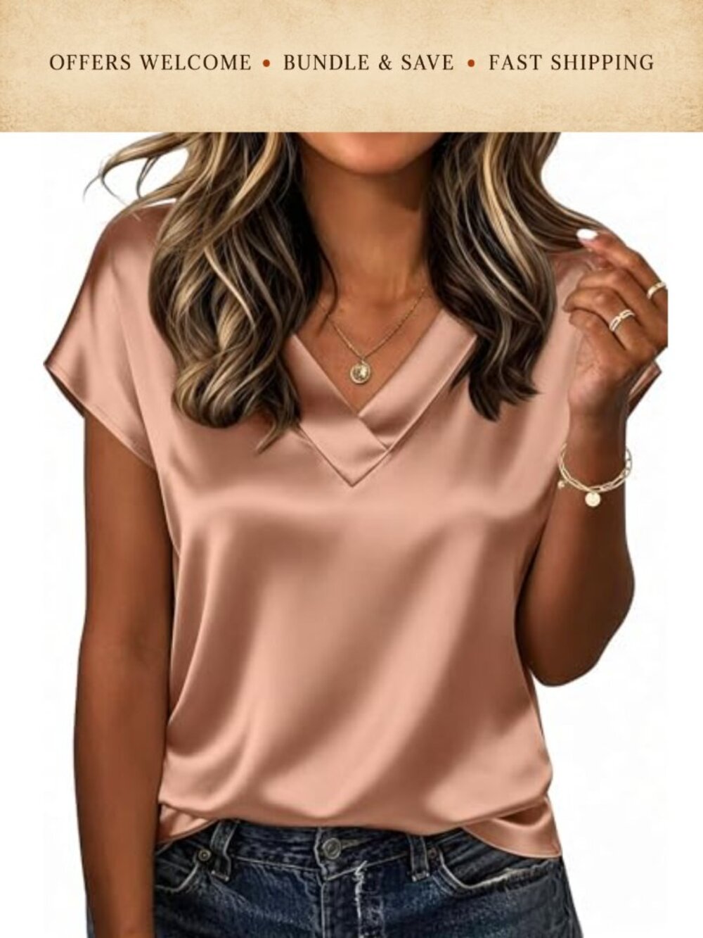 Satin V Neck Short Sleeve Blouse Business Casual Top